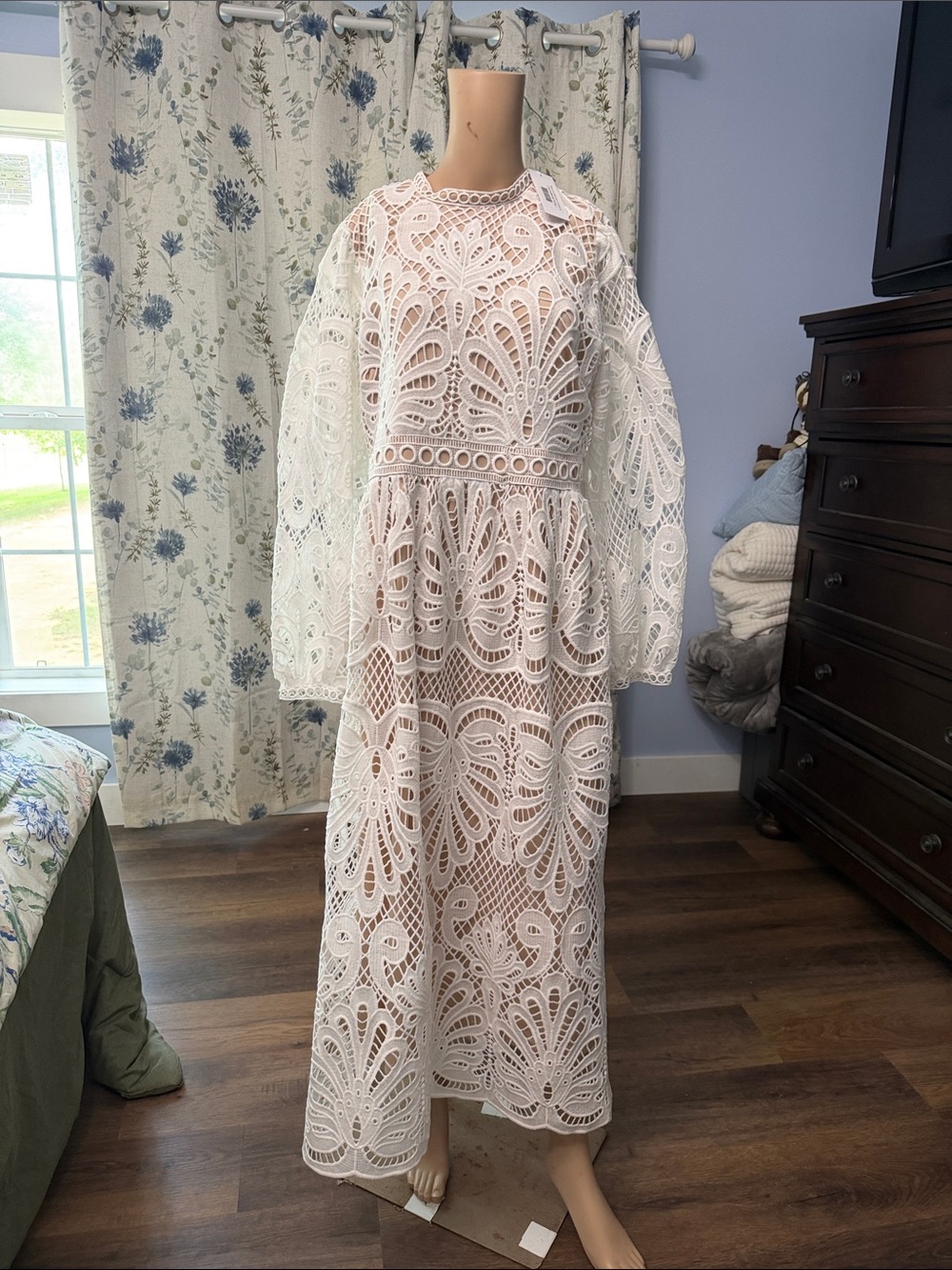 Baltic Born White Crochet Maxi Dress with Sheer Lace Sleeves